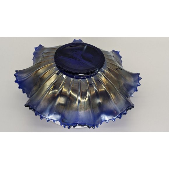 Vintage Northwood Peacocks on Fence Electric Blue Bowl Ruffle Sawtooth - Picture 13 of 16